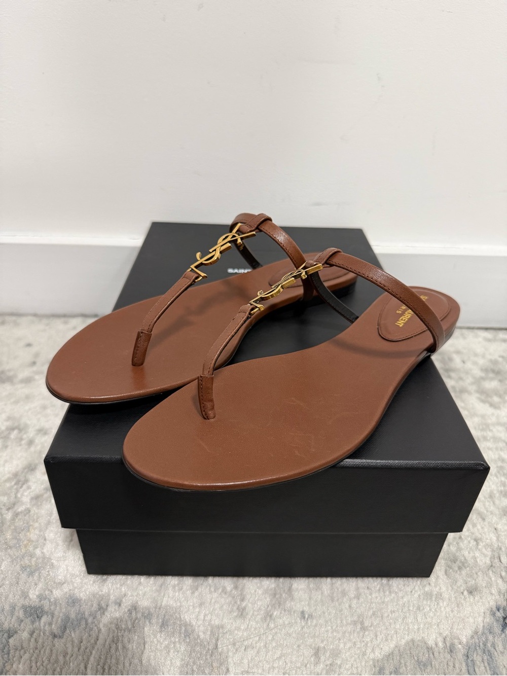 Saint Laurent Cassandra Logo Plaque Slides Brown - Size 37.5 EU / 7.5 US - NEW